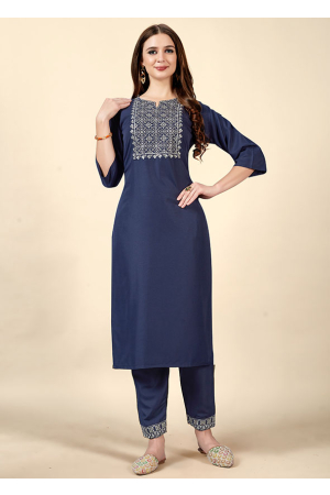 Navy Blue Embroidered Cotton Rayon Kurti with Pant