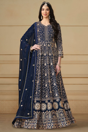 Navy Blue Embroidered Faux Georgette Anarkali Suit