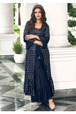 Navy Blue Embroidered Faux Georgette IndoWestern