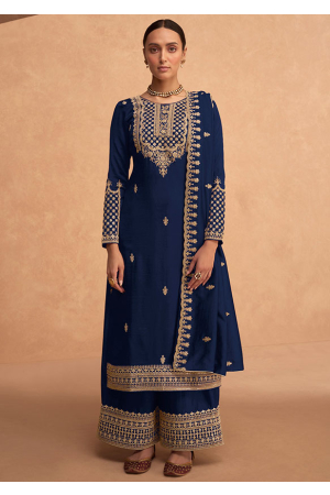 Navy Blue Embroidered Faux Georgette Palazzo Kameez