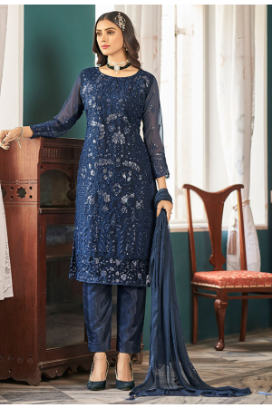 Navy Blue Embroidered Faux Georgette Pant Kameez