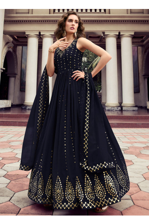 Navy Blue Embroidered Georgette Gown with Dupatta