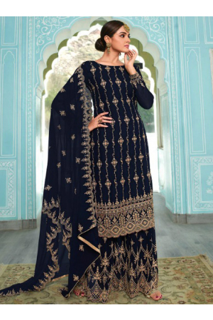 Navy Blue Embroidered Georgette Palazzo Kameez