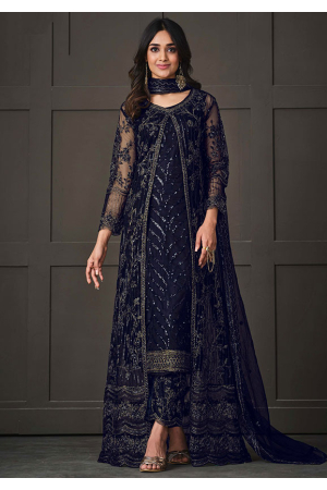 Navy Blue Embroidered Net Pant Kameez with Jacket