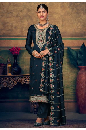 Navy Blue Embroidered Pure Silk Trouser Kameez