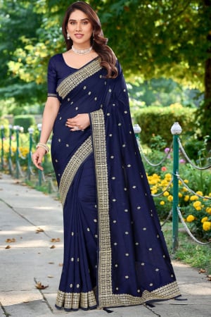 Navy Blue Embroidered Silk Georgette Saree