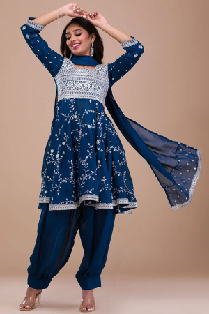 Navy Blue Embroidered Silk Patiala Kameez
