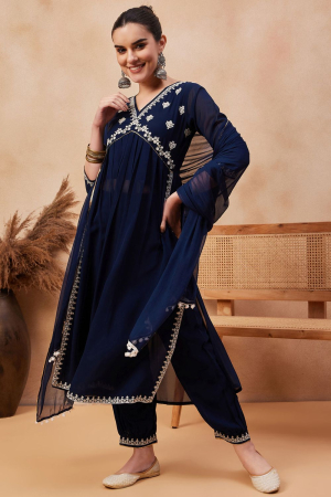 Navy Blue Faux Georgette Embroidered Aliya Style Kurta Set with Dupatta