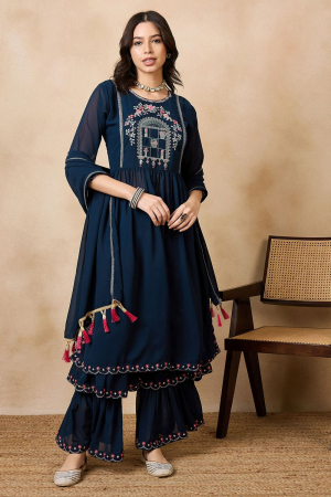 Navy Blue Faux Georgette Embroidered Kurta Set with Dupatta