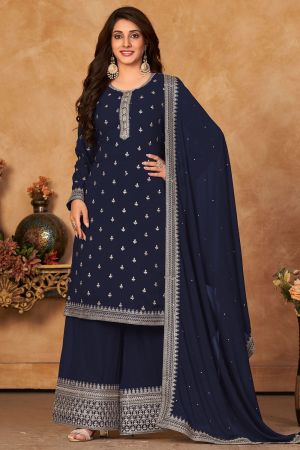 Navy Blue Faux Georgette Embroidered Palazzo Kameez