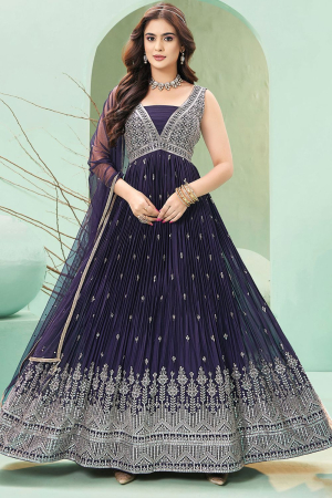 Navy Blue Georgette Gown with Dupatta