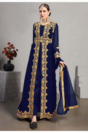 Navy Blue Georgette Pant Kameez with Embroidered Jacket