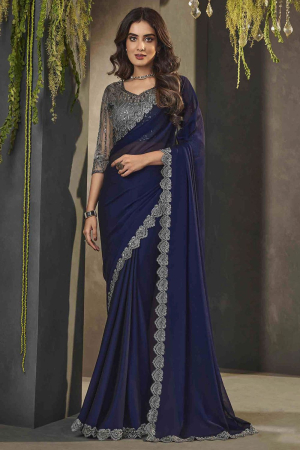 Navy Blue Georgette Saree with Embroidered Blouse