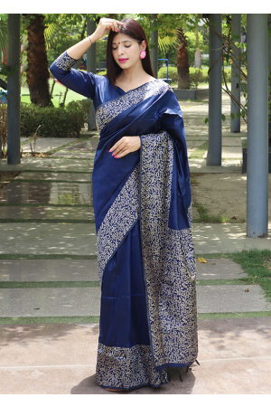 Navy Blue Handloom Raw Silk Saree