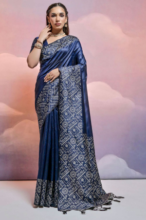 Navy Blue Handloom Raw Silk Woven Saree