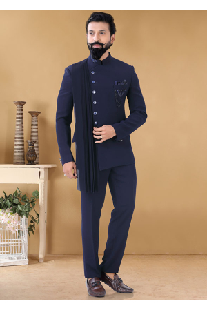 Navy Blue Heavy Designer Jodhpuri Suit
