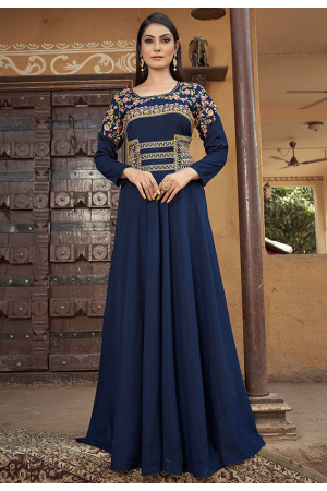 Navy Blue Heavy Muslin Embroidered Gown