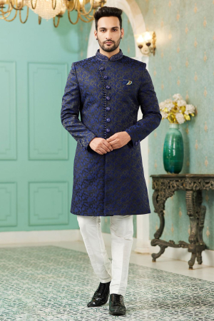 Navy BLue Jacquard Silk Indo Western Outfit
