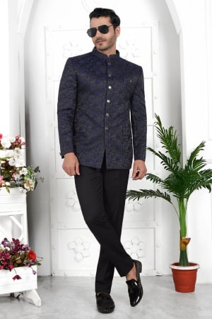 Navy Blue Jacquard Silk Blazer