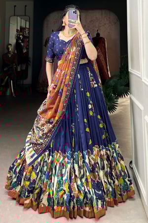 Navy Blue Kalamkari Print Tussar Silk Lehenga Choli