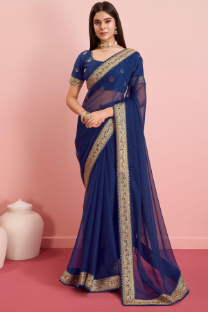 Navy Blue Organza Saree with Embroidered Blouse