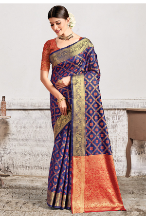 Navy Blue Patola Silk Saree with Contrast Blouse