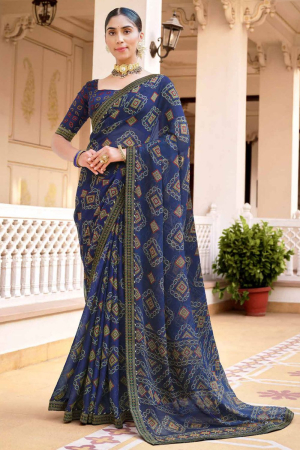 Navy Blue Printed Chiffon Saree for Party