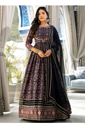 Navy Blue Pure Dola Silk Gown with Dupatta