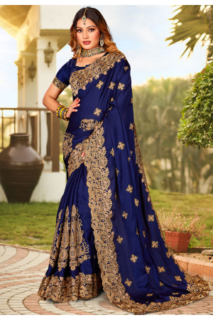 Navy Blue Pure Satin Embroidered Saree