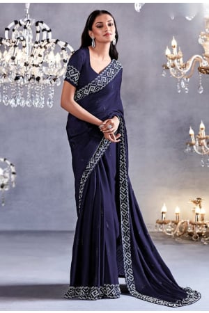 Navy Blue Pure Satin Party Wear Saree