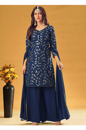 Navy Blue Sequins Embroidered Georgette Palazzo Kameez
