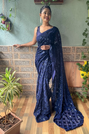 Navy Blue Sequins Embroidered Georgette Saree