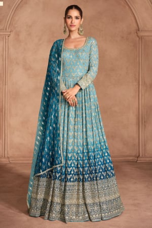 Navy Blue Shaded Georgette Embroidered Gown with Dupatta
