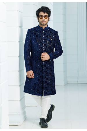 Navy Blue Velvet Computer Embroidered Indo Western Outfit