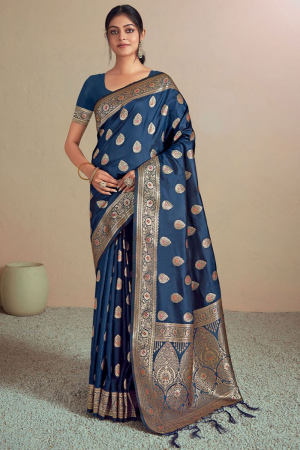 Navy Blue Woven Silk Saree for Wedding