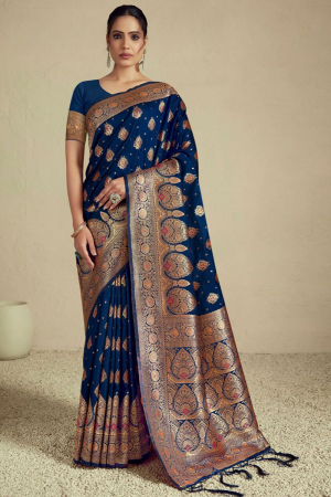 Navy Blue Woven Silk Saree for Wedding