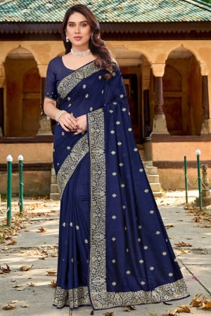 Navy Blue Zari Embroidered Georgette Saree