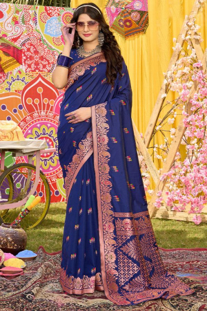 Navy Blue Zari Woven Silk Saree for Wedding