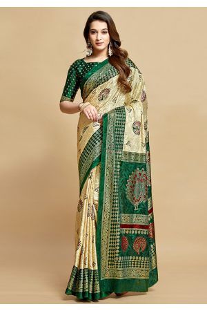 Cream and Forest Green Woven Jacquard Silk Saree