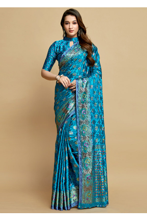 Azure Blue Woven Jacquard Silk Saree
