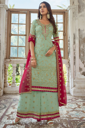 Mint Green Embroidered Faux Georgette Palazzo Kameez