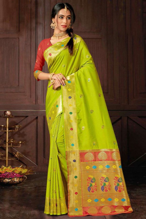 Neon Green Woven Paithani Silk Saree