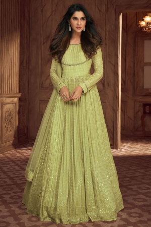 Pastel Green Embroidered Georgette Gown with Dupatta