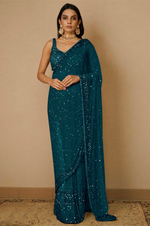 Teal Blue Embroidered Net Saree