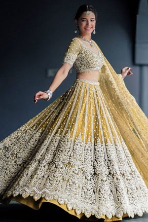 Yellow Embroidered Net Designer Lehenga Choli