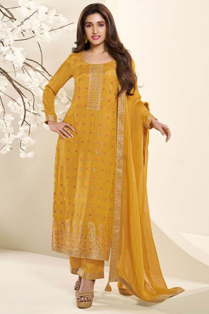 Nidhi Shah Amber Yellow Muslin Jacquard Kurta Suit Set