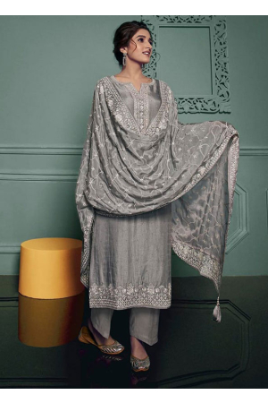 Nidhi Shah Ash Grey Silk Embroidered Trouser Kameez Suit 