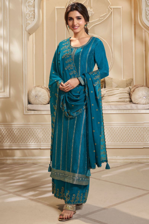 Nidhi Shah Blue Dola Silk Palazzo Suit Set with Zari and Self Weave Jacquard Top