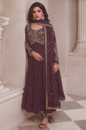 Nidhi Shah Burgundy Embroidered Chinnon Pant Kameez