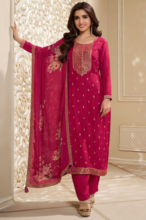 Nidhi Shah Crimson Red Designer Weave Yoke Jacquard Kurta Suit Set